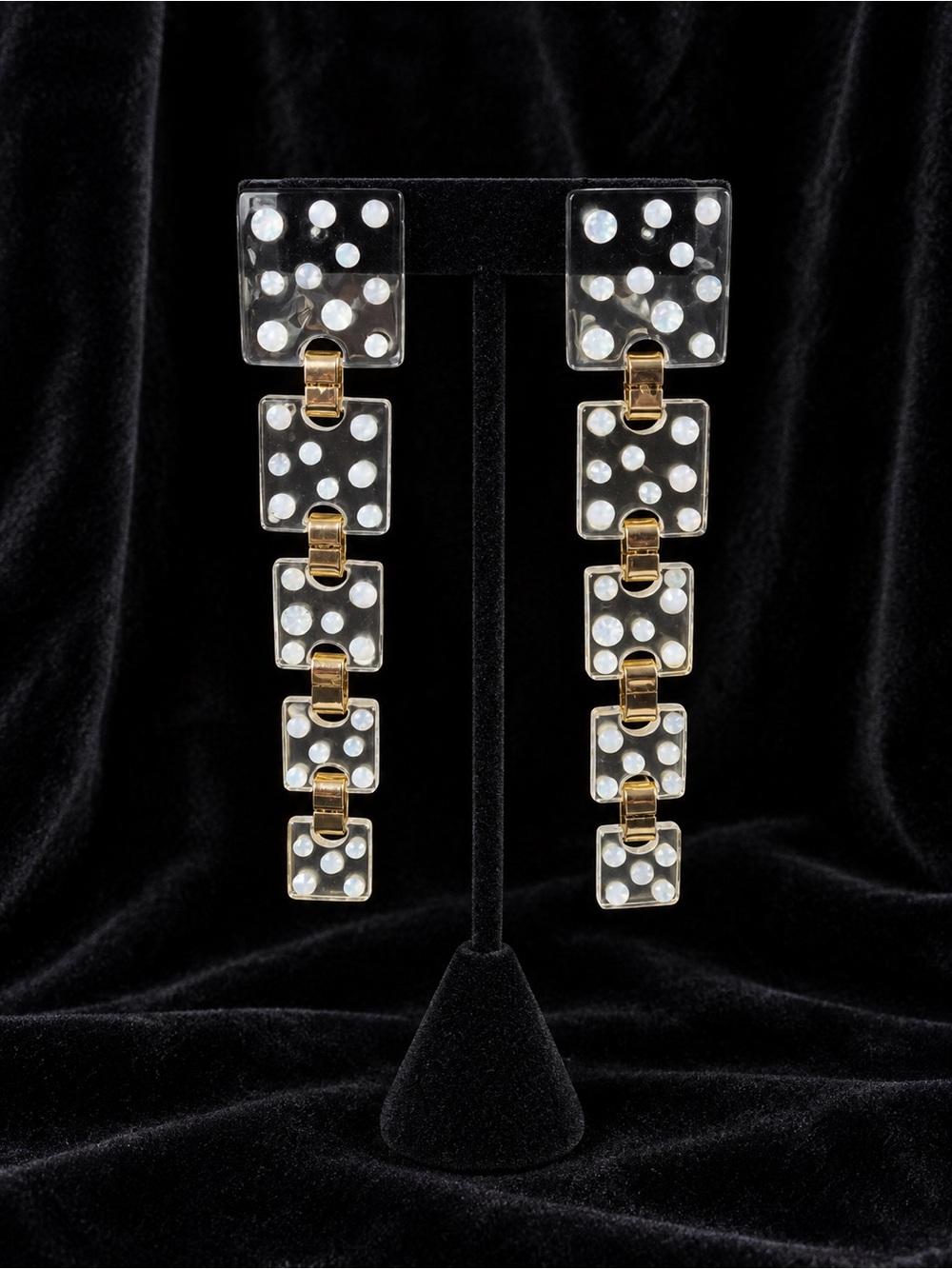 Gold and Grayish Clear Crystal Geometric Drop Post Earrings with Opalescent Dots